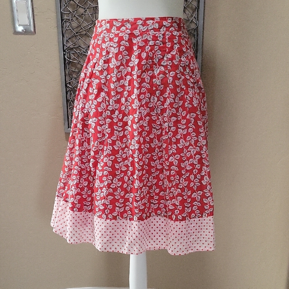 Vintage Lily Red and White Silk Leaf & Polkadot Print Skirt w